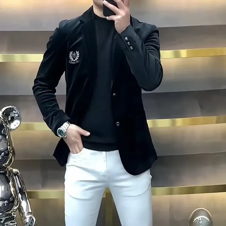 F-6688【高端定制】男士休闲西服金丝绒高品质百搭轻奢修身秋冬新款