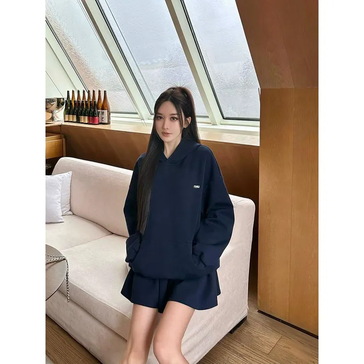 时尚运动套装女春秋季藏青色慵懒连帽卫衣宽松减龄显瘦短裙两件套