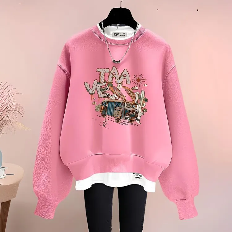 小个子假两件新款卫衣女2025新款春秋冬宽松长袖圆领加绒加厚洋气