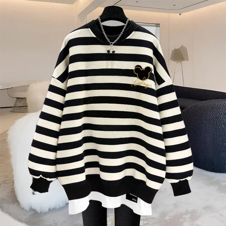 条纹假两件卫衣女2025新款春秋冬宽松字母套头加绒加厚中长款外穿