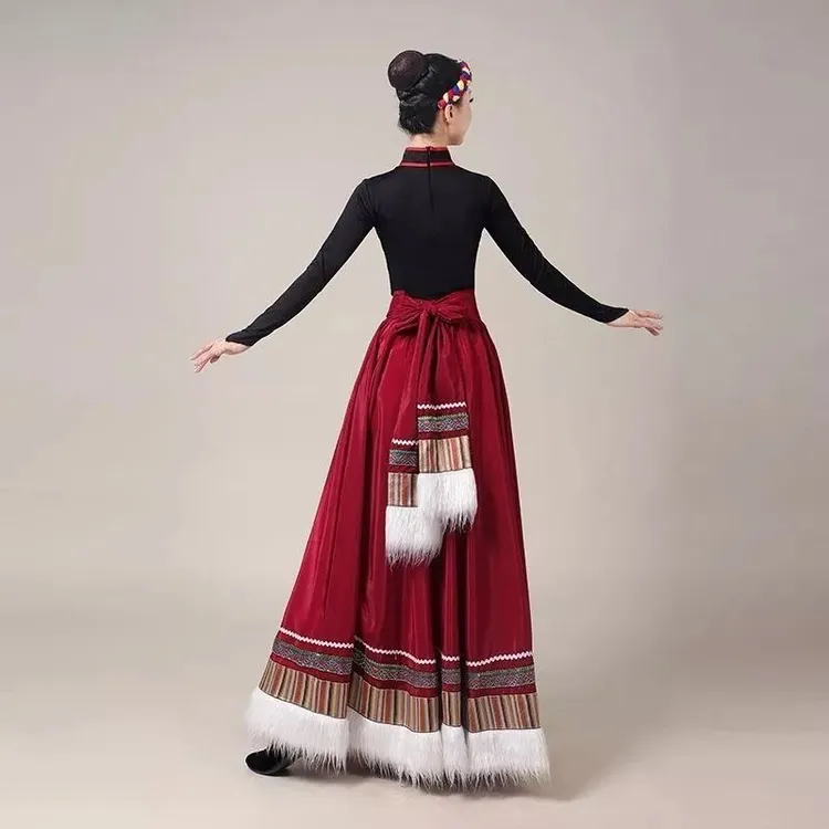 新款藏族舞蹈服装女演出水袖上衣藏族半身裙大摆裙藏族艺考练习裙