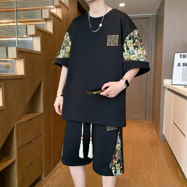 新中式潮流男宽松薄款短袖短裤两件套国风夏季大码t恤休闲运动服