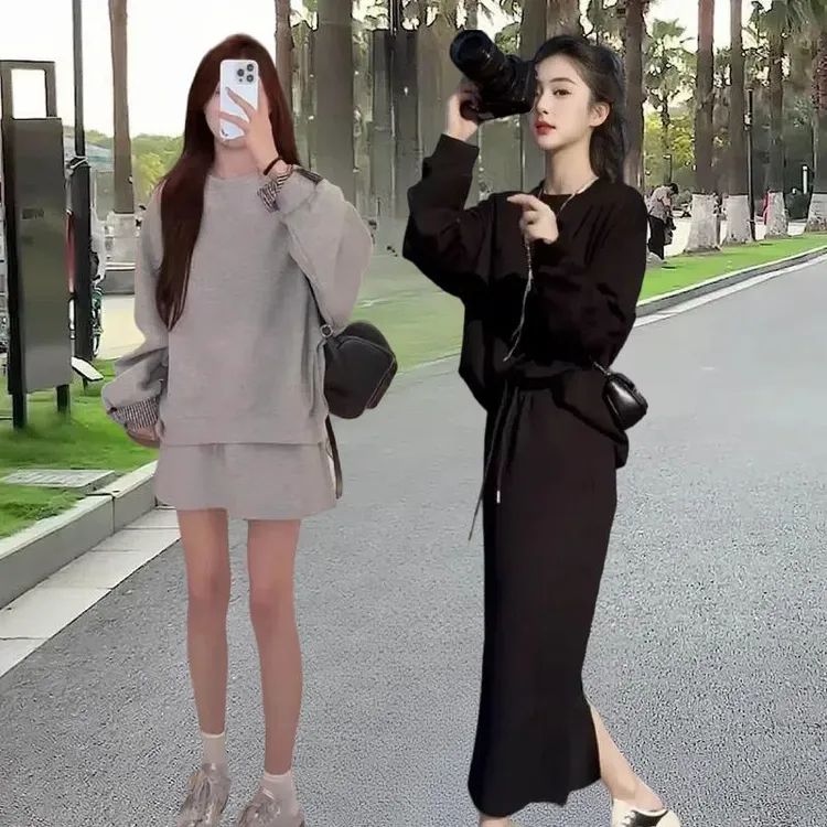 2024时尚休闲清新卫衣裙套装秋季新款圆领宽松显瘦风开叉裙两件套