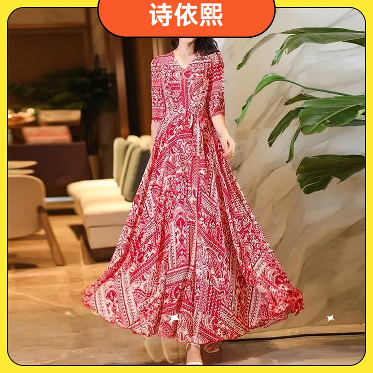 I大摆裙夏季新款五分袖中腰通勤印花大摆度假连衣裙女修身显瘦长1