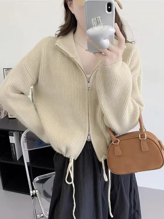 Xa119拉链针织开衫外套松弛感穿搭抽绳宽松慵懒风毛衣