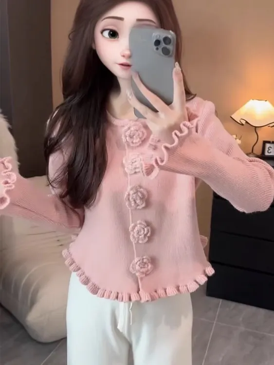 Sz244设计感立体花朵不规则木耳边毛衣