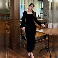 DMcc【廊桥一梦】大蜜法式黑色丝绒方领年会战袍重工礼服名媛连衣裙