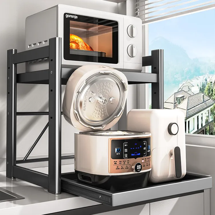 厨房微波炉置物架电饭煲台面带抽屉抽拉式烤箱空气炸锅一体收纳架