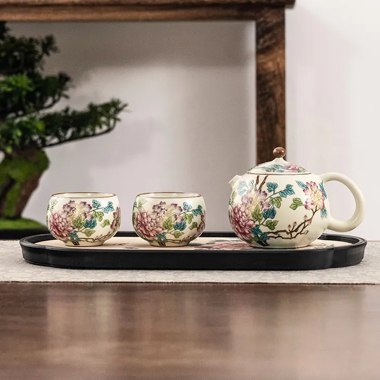 汝窑茶具套装家用高档一壶二杯新款茶壶茶杯YS026-牡丹一壶两杯