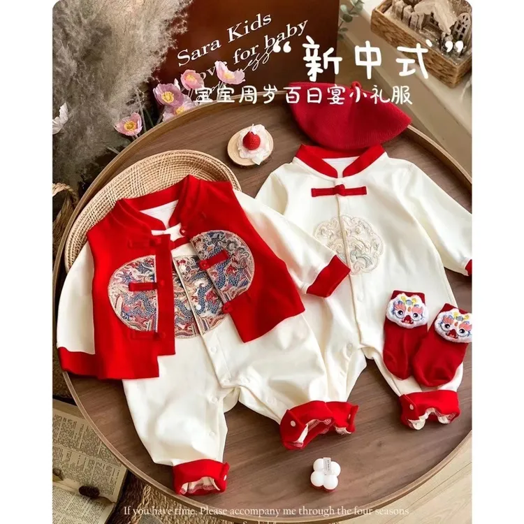 通用女中国风A类春秋爬服哈衣喜庆秋季拜年服男童