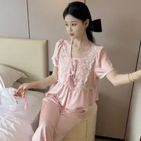 （清欢）夏季气质简约蕾丝睡衣显瘦亲肤家居服套装女带胸垫可外穿