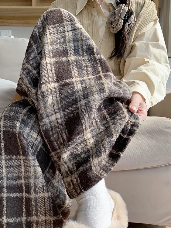 美拉德毛呢格子裤女秋冬高休闲直筒宽松阔腿裤