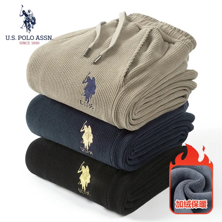 U.S. POLO ASSN.冬季灯芯绒加绒卫裤男加厚直筒裤子宽松保暖高档