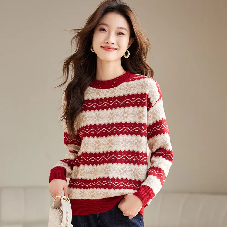 圆领宽松条纹女秋冬季2023新款慵懒风针织上衣高级感打底衫厚446