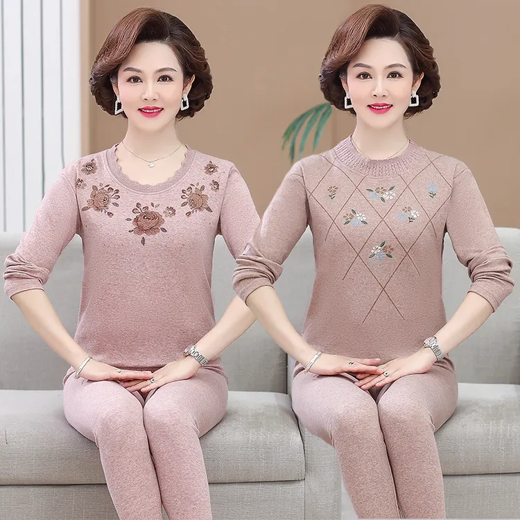 中老年秋衣秋裤套装女棉纯妈妈薄款保暖内衣线衣裤老人棉毛衫冬季