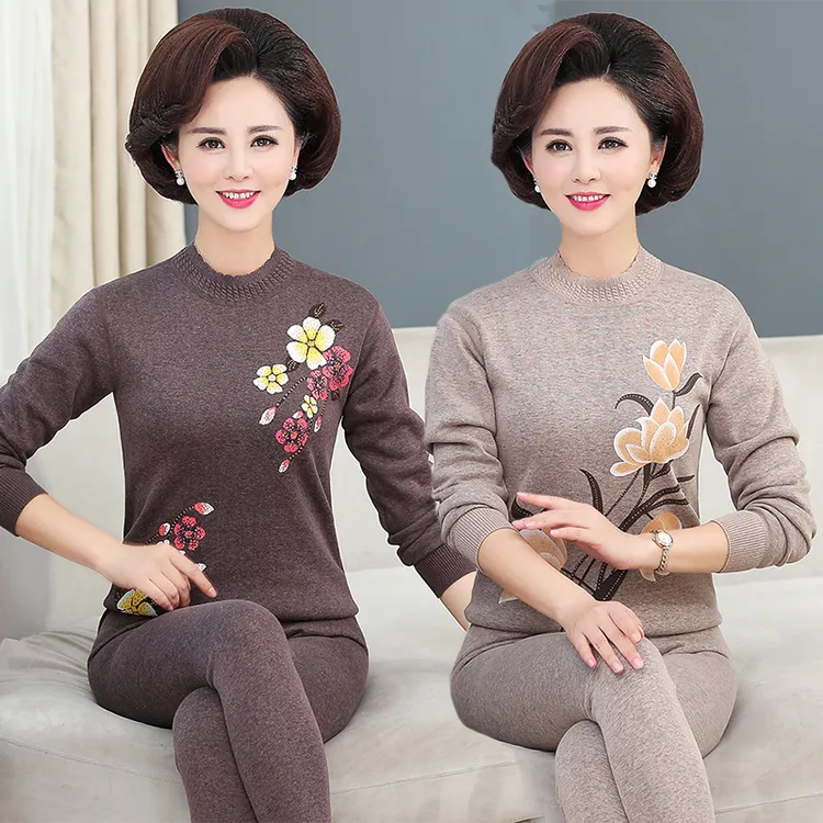 中老年人保暖内衣女士加绒加厚妈妈秋衣秋裤套装纯女棉毛衫中领冬