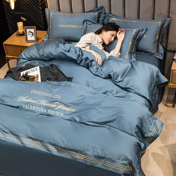 水星.家纺60支高档新疆长绒棉纯棉刺绣床笠床单被套全棉四件套