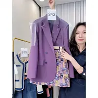 Y093#秋季新款时尚时髦洋气高级感紫色西装外套印花短裙两件套装