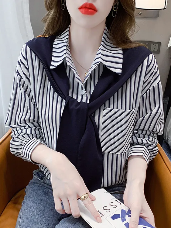 大码女装假两件竖条纹衬衫女2025新款秋季胖mm设计感小众复古上衣