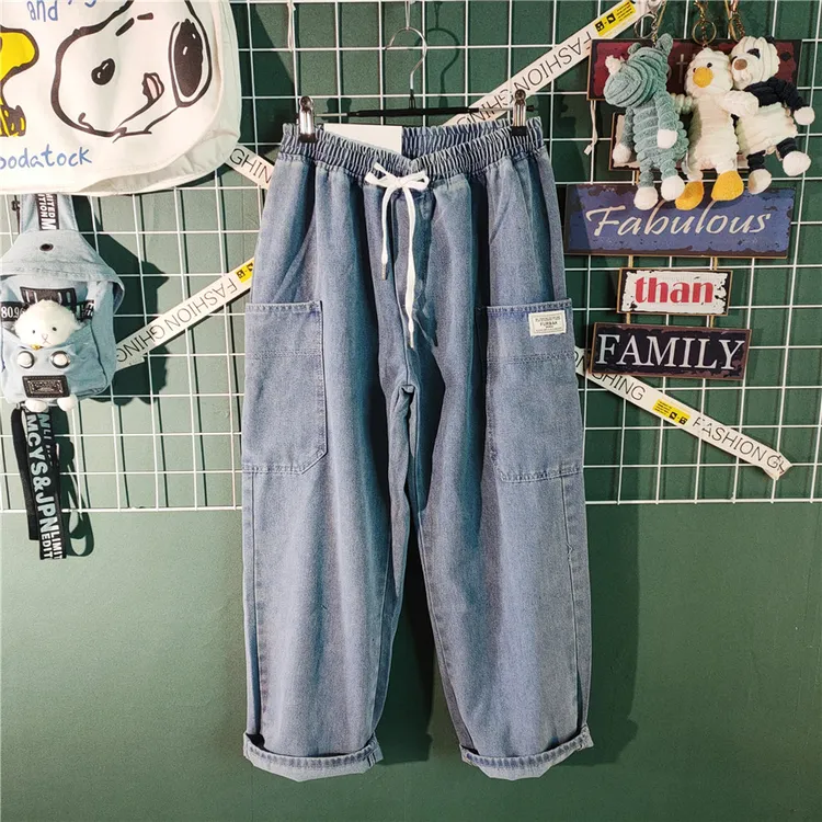 牛仔裤潮流休闲长裤子新款港风宽松秋季百搭阔腿大口袋设计简约DS