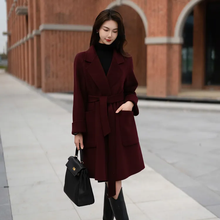 S·KBKZ秋冬浴袍款羊绒大衣显瘦气质小个子红色双面呢大衣2322