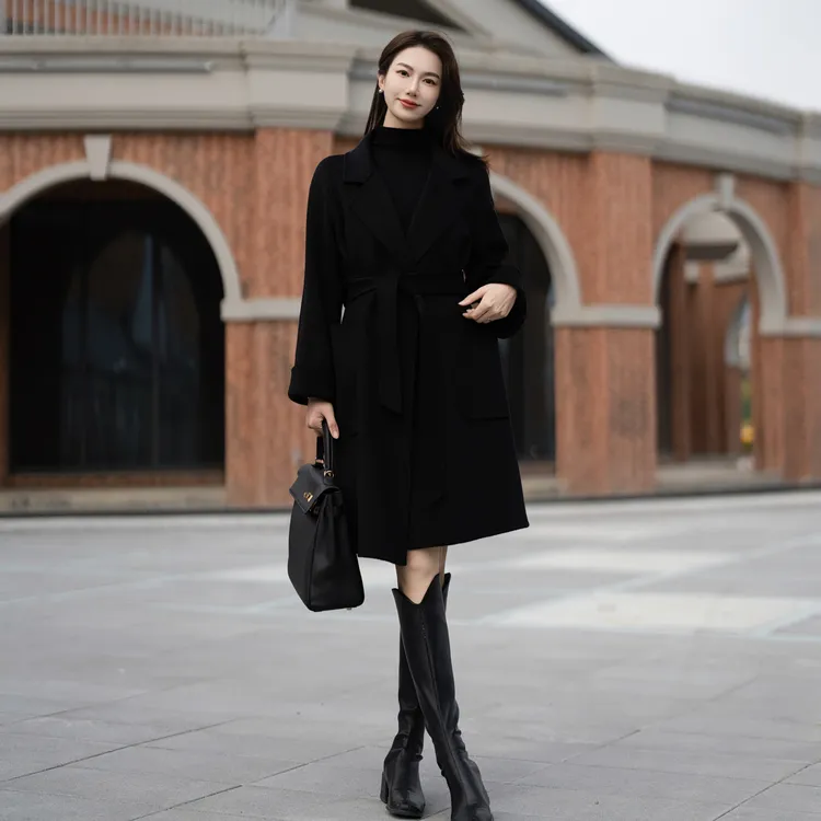 S·KBKZ秋冬黑色女新款高贵气质小个子羊绒收腰呢子外套大衣2322