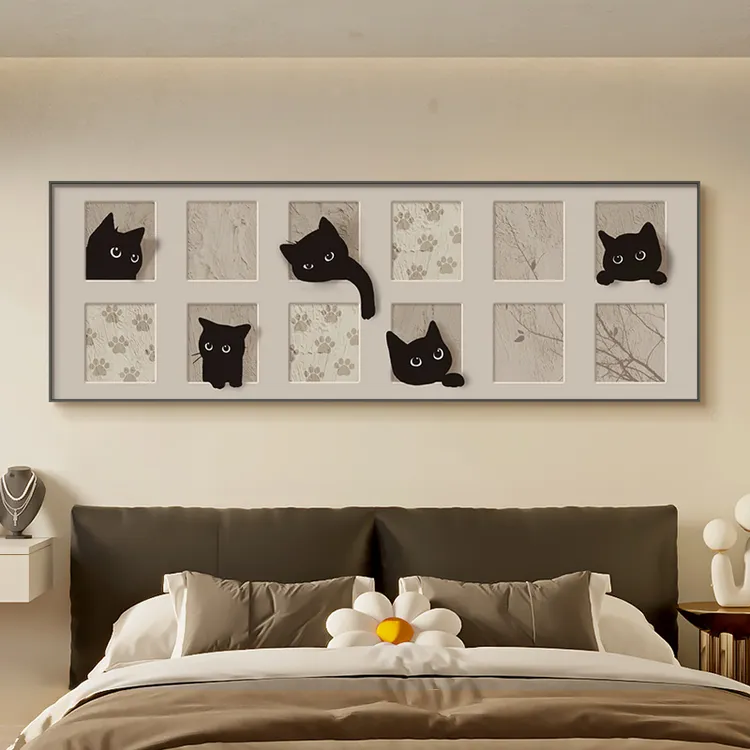 【创意猫咪艺术】床头挂画现代简约卧室装饰画抽象壁画日式原木风