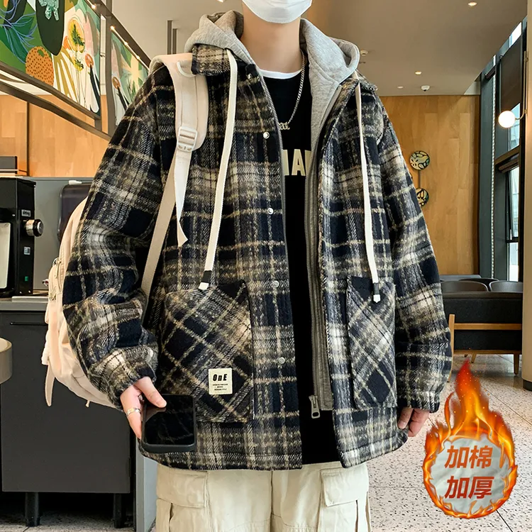 男生秋冬新款加棉加厚小香风格子外套潮流帅气港风学生保暖棉服男