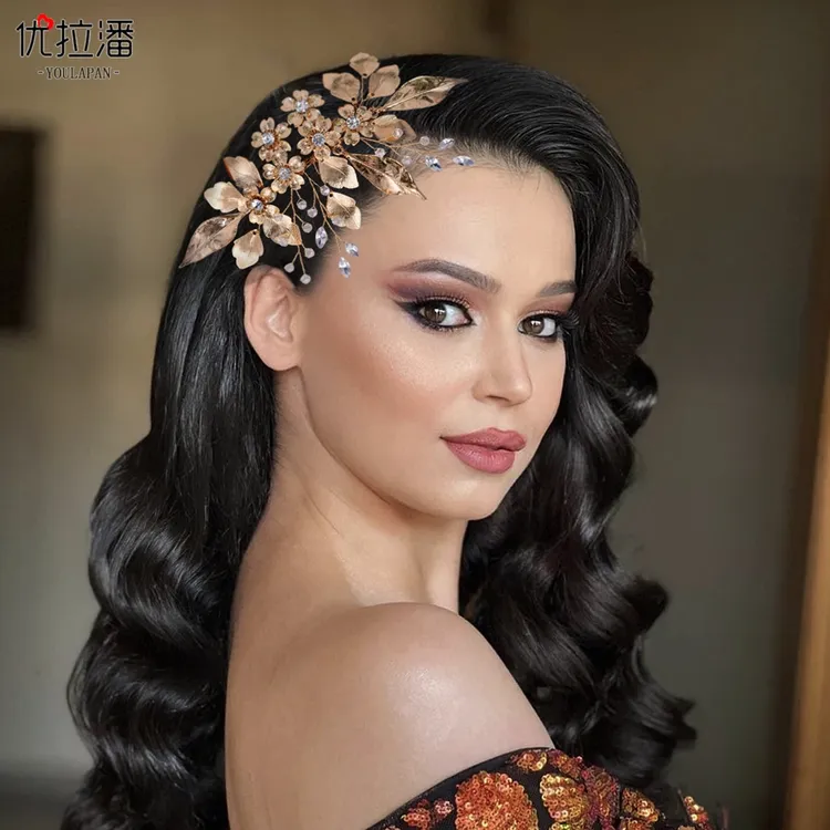 优拉潘新娘复古金色水钻头饰手工制作合金花朵叶子闪钻发梳 HP297
