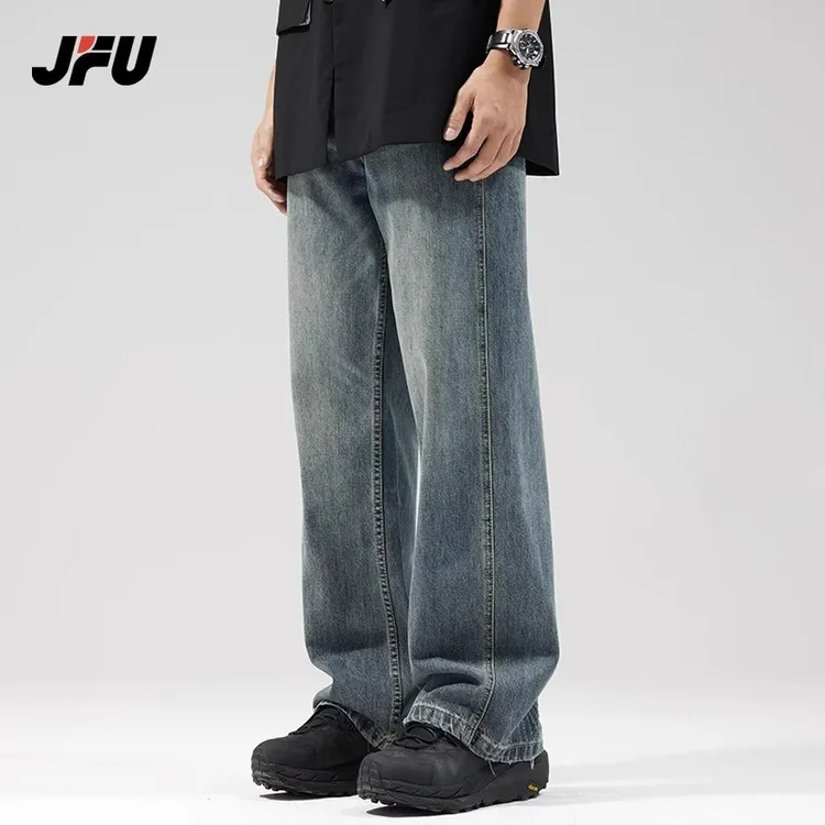 JFU牛仔裤男生设计感小众美式春秋复古直筒宽松阔腿裤高街裤子潮