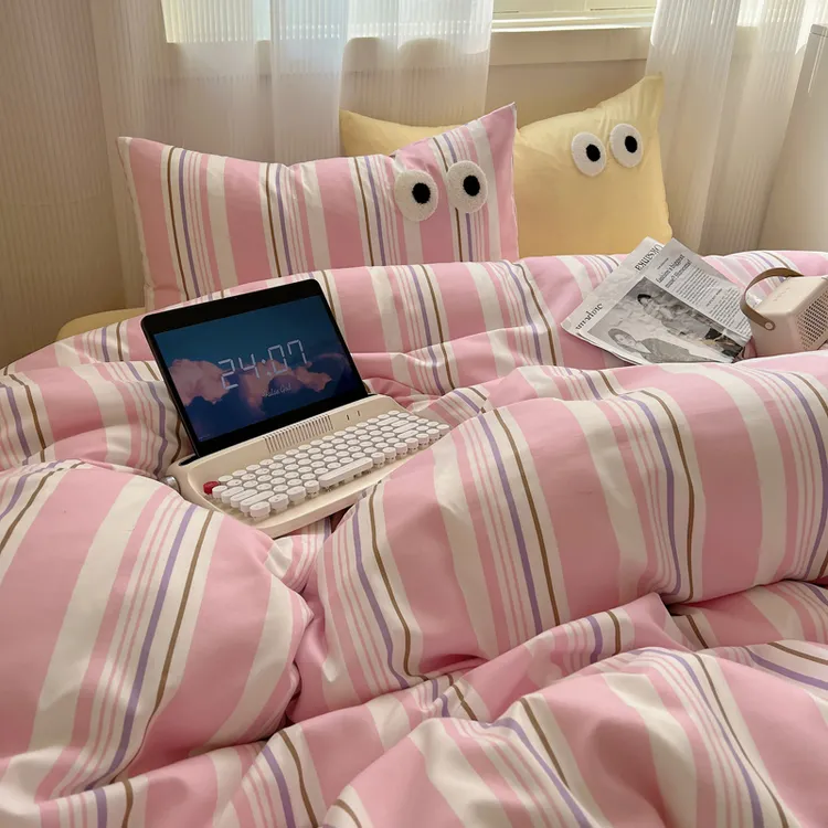 毛巾绣大眼刺绣纯色拼色简约水洗被套四件套单人床床单三件套床上