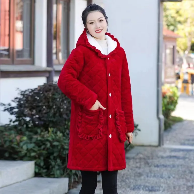 冬款女士家居棉服四川省服加绒宽松棉衣妈妈装加厚棉褂中长款棉袄