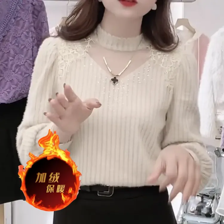 冬季新款气质蕾丝打底衫加绒长袖高档女洋气显瘦百搭拼接衣服上衣