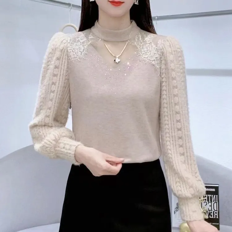 打底衫女款爆款新款洋气时尚百搭高领拼接加绒加厚蕾丝洋气衣服女