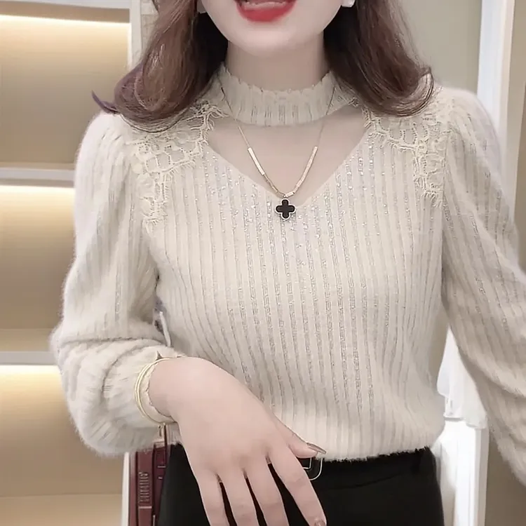 秋季时尚打底衫蕾丝纯色2025长袖加绒加厚洋气显瘦内搭百搭气质