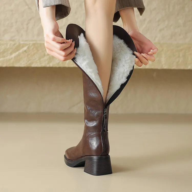 真皮女款厚底高筒靴女2024冬季加绒保暖绵羊毛长筒靴粗跟骑士靴女