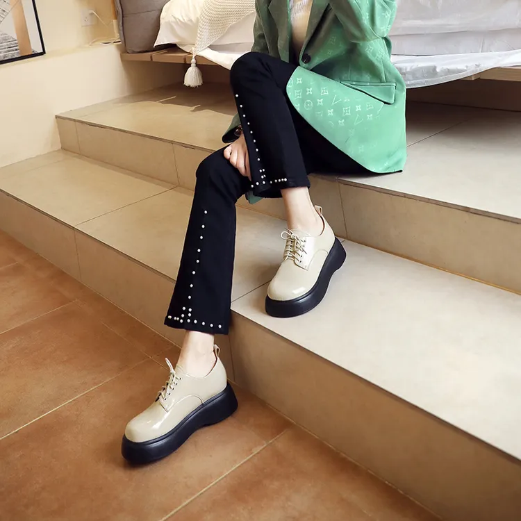 真皮厚底乐福鞋2024春秋季英伦风小皮鞋女休闲百搭粗跟系带女单鞋
