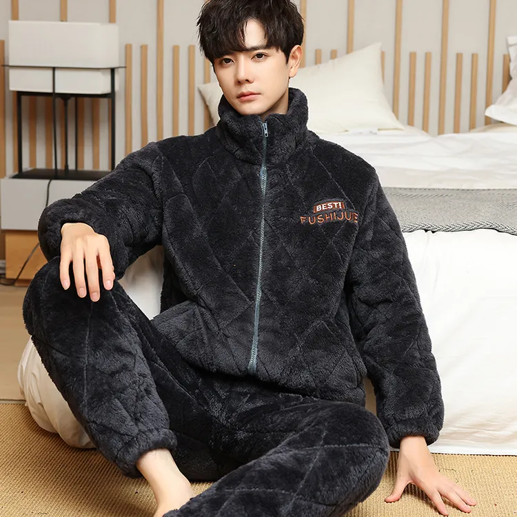 男士睡衣青少年牛奶绒加厚加绒三层夹棉保暖加大码套装可穿到零下
