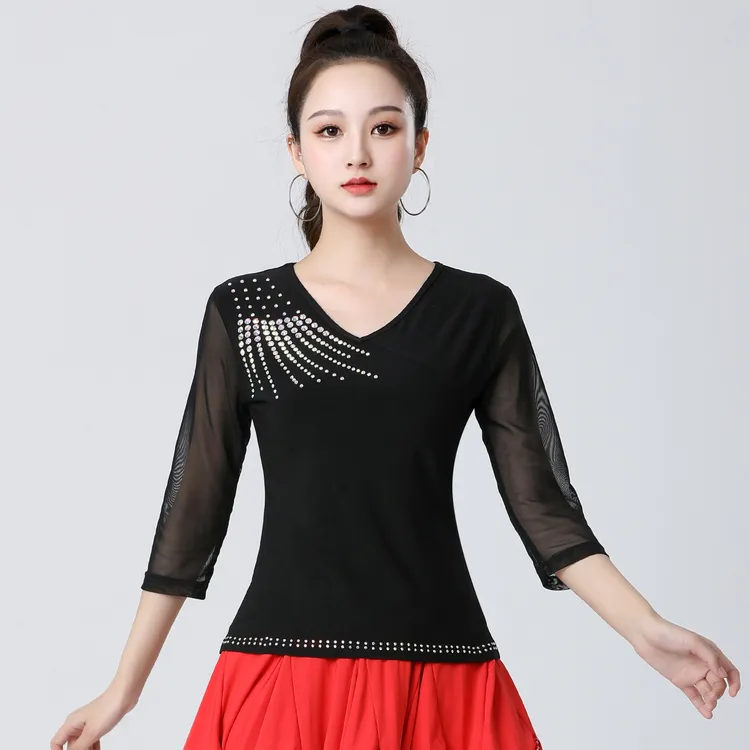 拉丁舞上衣女新款时尚成人跳摩登吉特巴舞蹈服镶钻三步踩广场演出