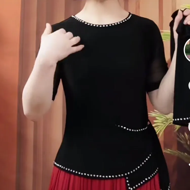 三步踩烫钻上衣新款舞服时尚三步踩跳舞广场舞舞蹈遮肚子圆领显瘦