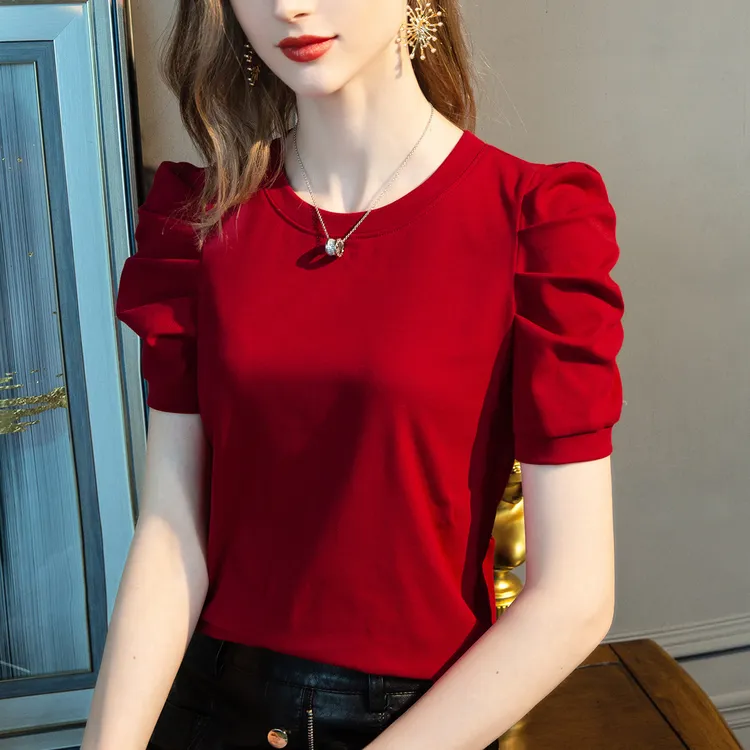 百搭衣服批发短袖t恤女新款纯色半袖棉体恤褶皱泡泡袖设计上衣女