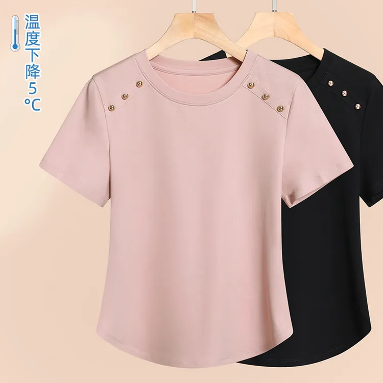 小金扣正肩圆领辣妹T设计感 2024夏季新款弧型下摆80s丝光棉T恤女
