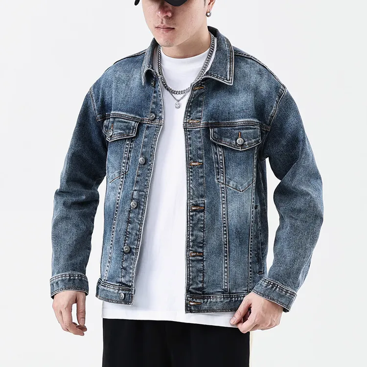 高端弹力复古牛仔外套男秋季修身衣服水洗柔软短款男士夹克春秋款