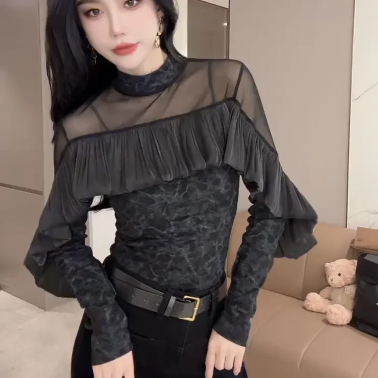 时尚气质拼接网纱长袖飞飞边显瘦小衫百搭上衣