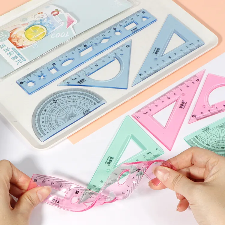 尺子套装小学生专用4件套量角器三角板1-6年级软戒尺带几何图尺