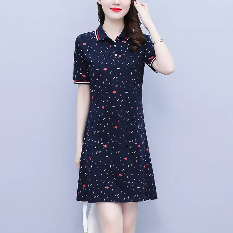 大码女装中长款印花连衣裙POLO领显瘦减龄休闲宽松翻领时尚A字裙
