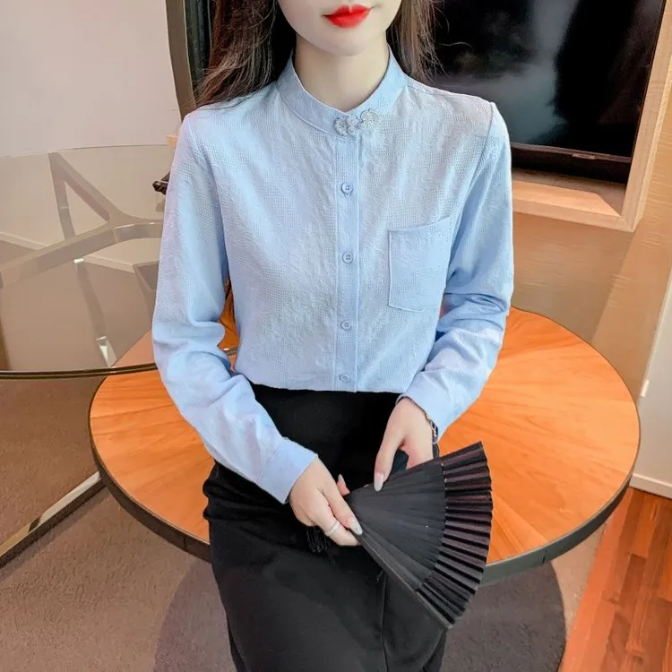 衬衫纯棉春秋季2025年新款女装立领提花时尚洋气全棉衬衣长袖上衣