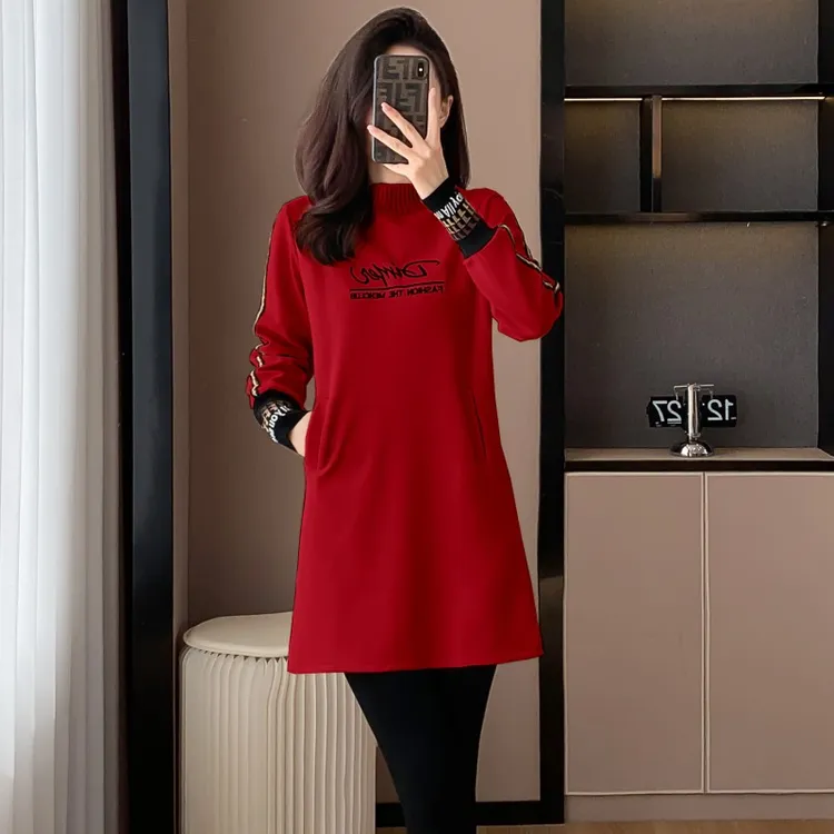 加绒保暖卫衣连衣裙女2025秋冬时尚百搭显瘦打底衫中长款宽松上衣