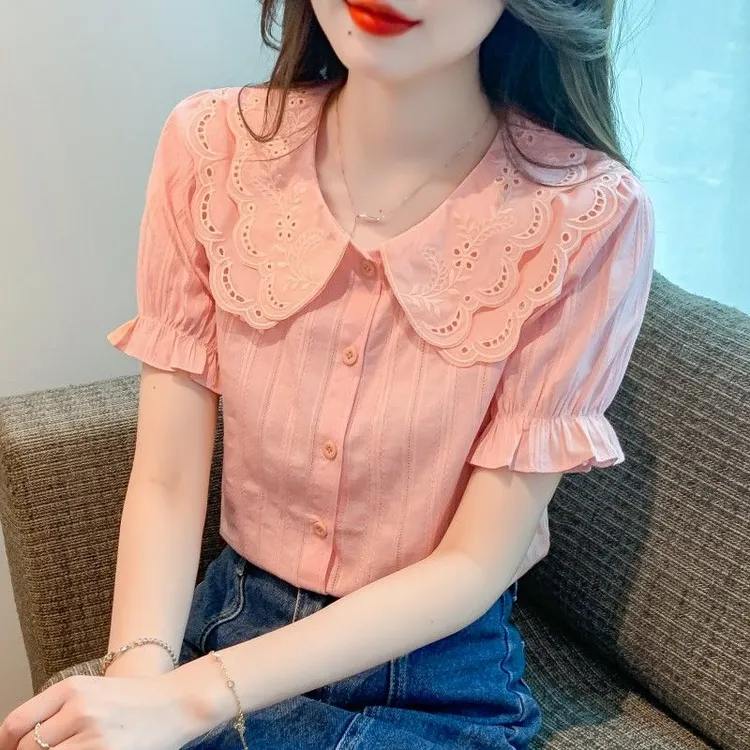 夏季2025年新款女士衬衣时尚减龄纯棉衬衫洋气全棉娃娃领上衣短袖