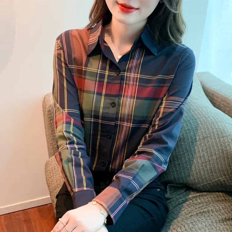 秋春装2025新款女士衬衣棉布格子衬衫女长袖时尚减龄修身上衣洋气